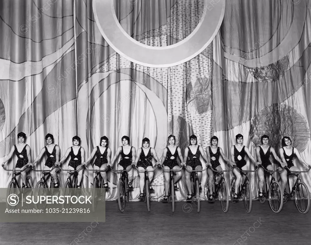 United States:  1929. Members of the cast of the Fanchon and Marco production, "Wheels Idea".