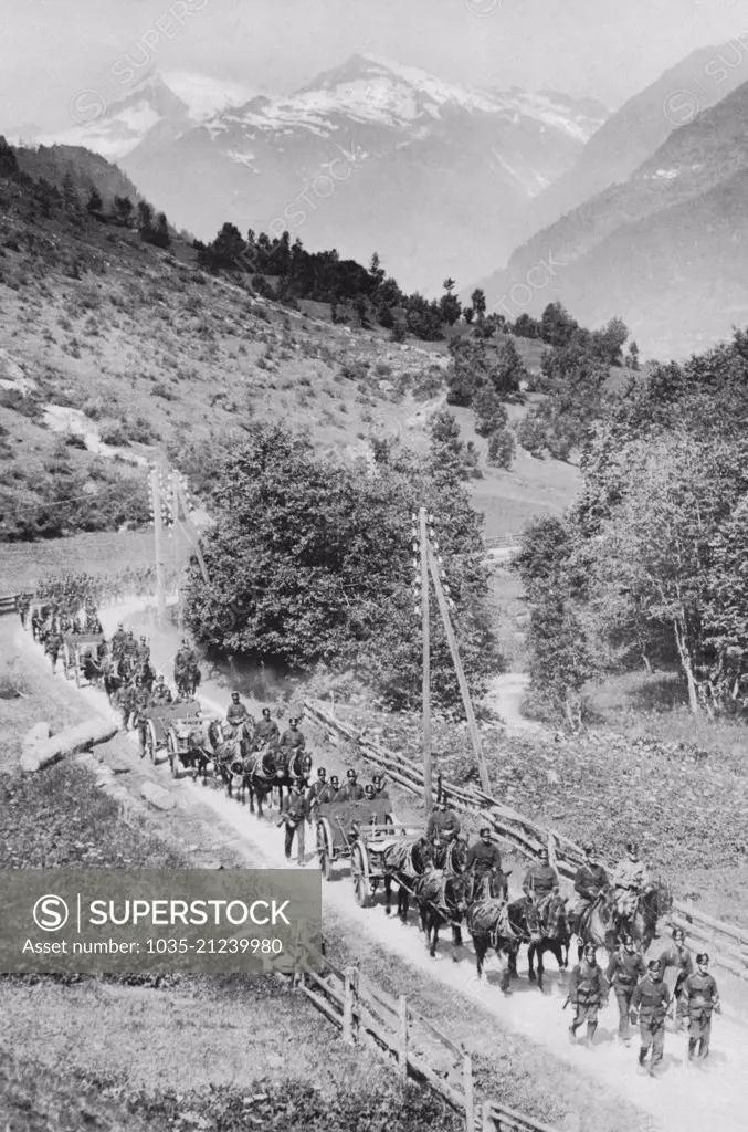 Ticino, Switzerland:  November 9, 1918 Swiss artillery on the march to protect their borders from the Austrians and Germans during WWI.