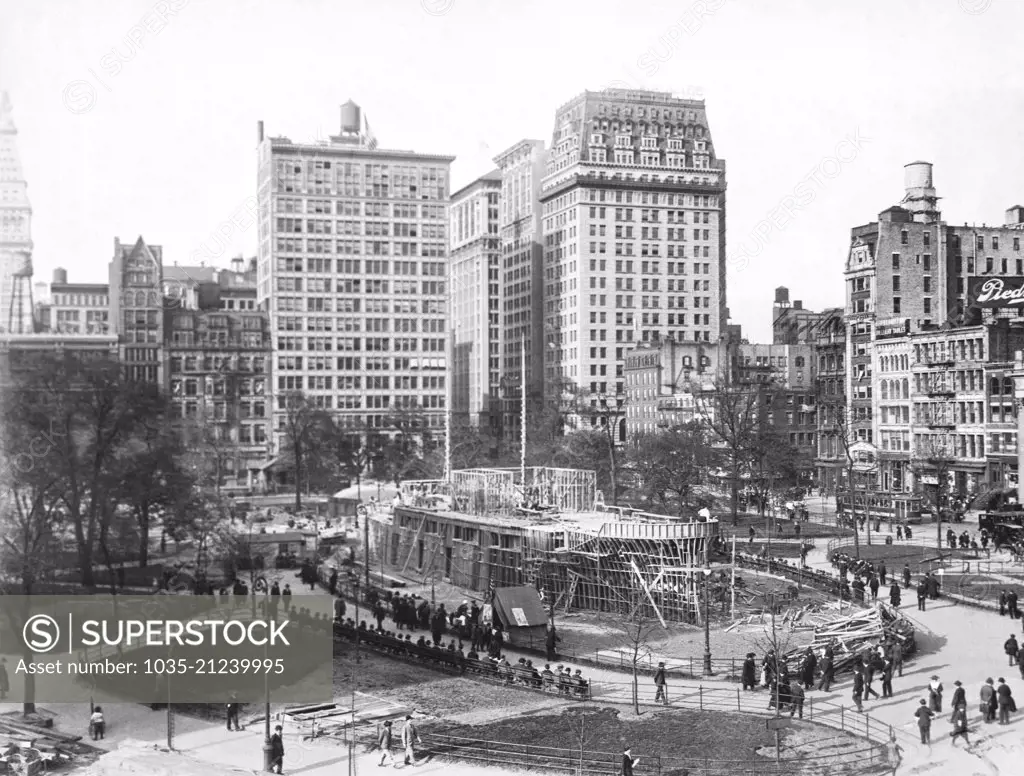 New York, New York:   May 17, 1917 A 250 foot "miniature" battleship is being built in Union Square to be used as a recruiting station for the war.