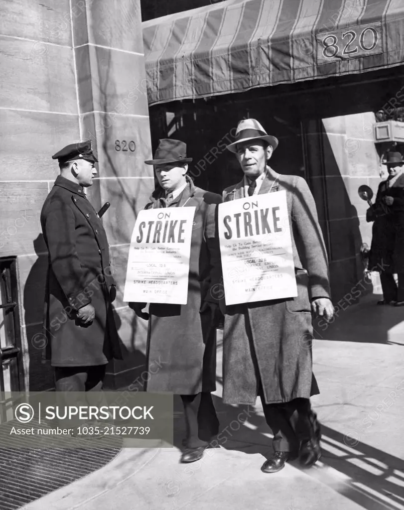 New York, New York:   c. 1938  Service Employees International Unon members picket in front of Governor Lehman's residence on Park Ave.