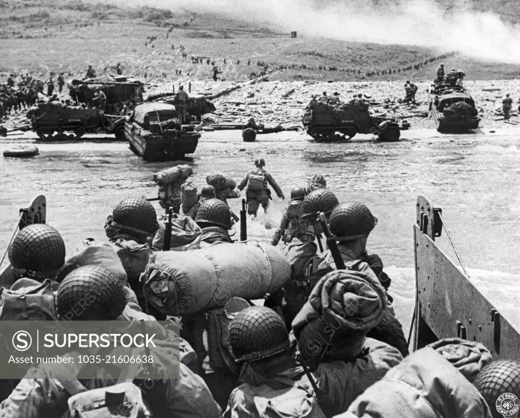 Normandy, France:   June 7, 1944 American assault troops landing on Omaha Beach durng the D-Day invasion of France.