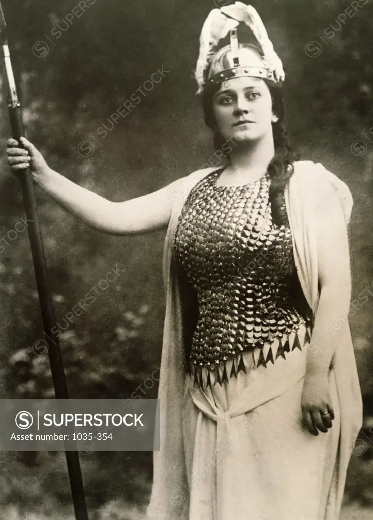 Close-up of an opera singer holding spear
