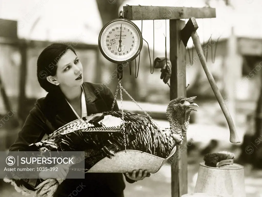 Young woman measuring a turkey in a scale