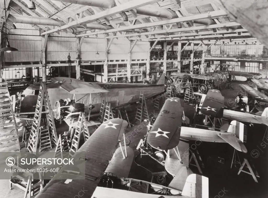 High angle view of incomplete aircraft in a factory, San Diego, California, USA