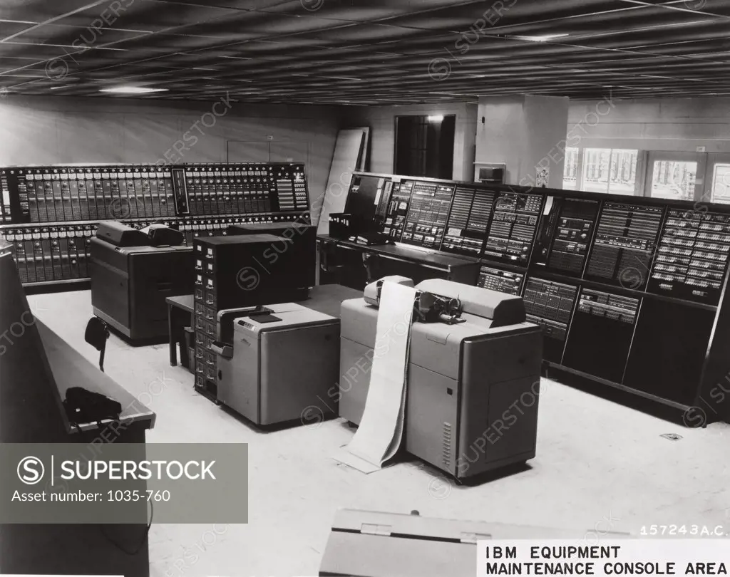 Interior of a computer lab, IBM Equipment Maintenance Console Area, 1957