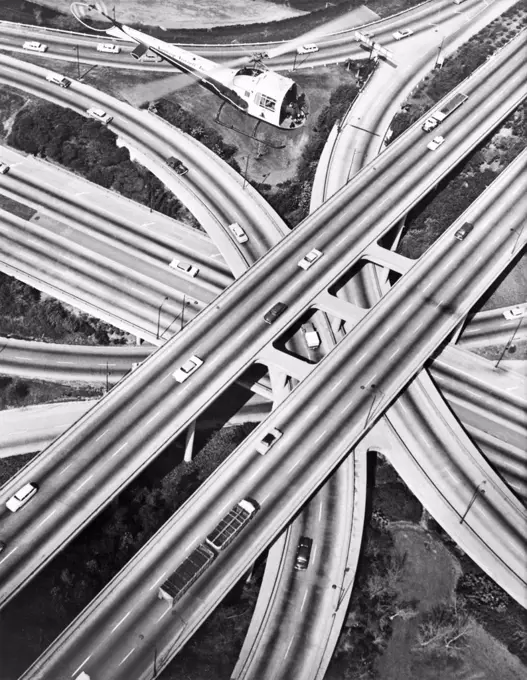 Los Angeles, California: c. 1965. A five freeway interchange in Los Angeles.