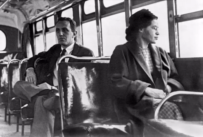 Montgomery, Alabama: 1956. Rosa Parks seated toward the front of the bus in Montgomery, Alabama.