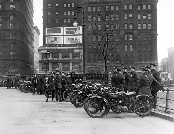 New York, New York:  c. 1929 New York City motorcycle police squads on duty at City Hall on Red Thursday when thousands of unemployed took part in a great demonstration. Most of the trouble took place at Union Square.