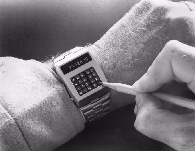 Newport Beach, California:  c. 1974 The Hughes Aircraft Company's digital combination calculator and watch.