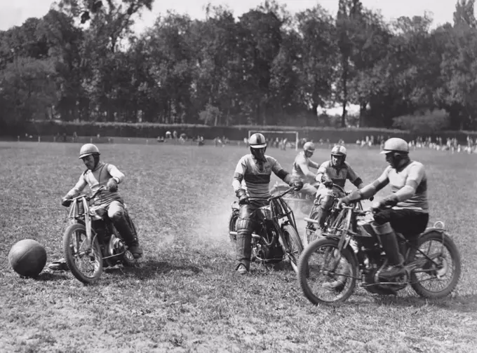 Paris, France:  May 26, 1938 The motorcycle ball clubs of Paris and Orly competing in a match.
