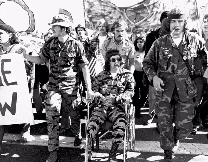 San Francisco, California: 1970 An anti Vietnam War peace march with Vietnam vets, one an amputee in a wheelchair, leading the way.