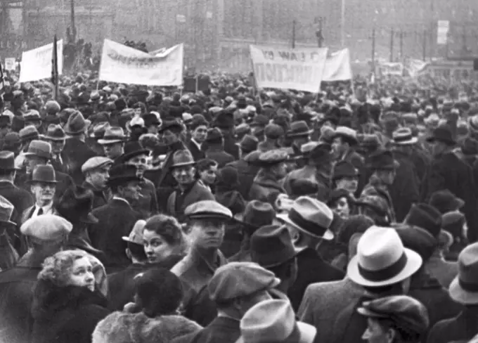 Detroit, Michigan:  1936 Part of the crowd of 100,000 union automobile workers gathered in Cadillac Square to demonstrate against court orders for the eviction of the sitdown strikers.