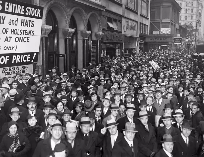 New York, New York:  February 18, 1935 The crowds of tenants stranded outside of 1385 Broadway as the building's elevator operators went on strike as part of the general Building Service Employees Union labor dispute.