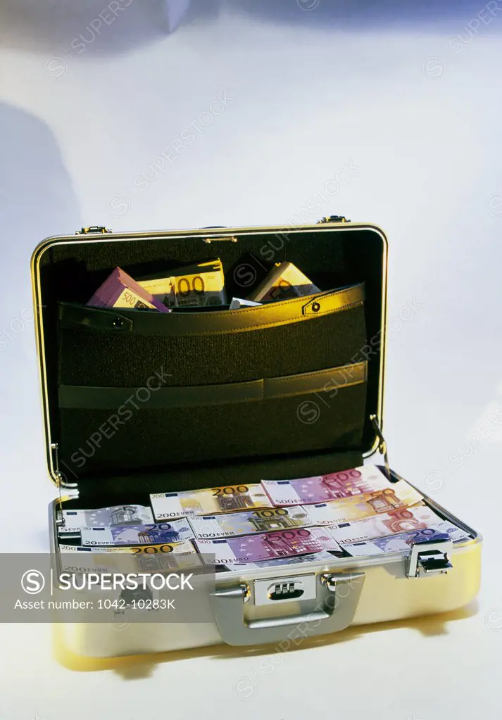 Close-up of European Union euro banknotes in a briefcase