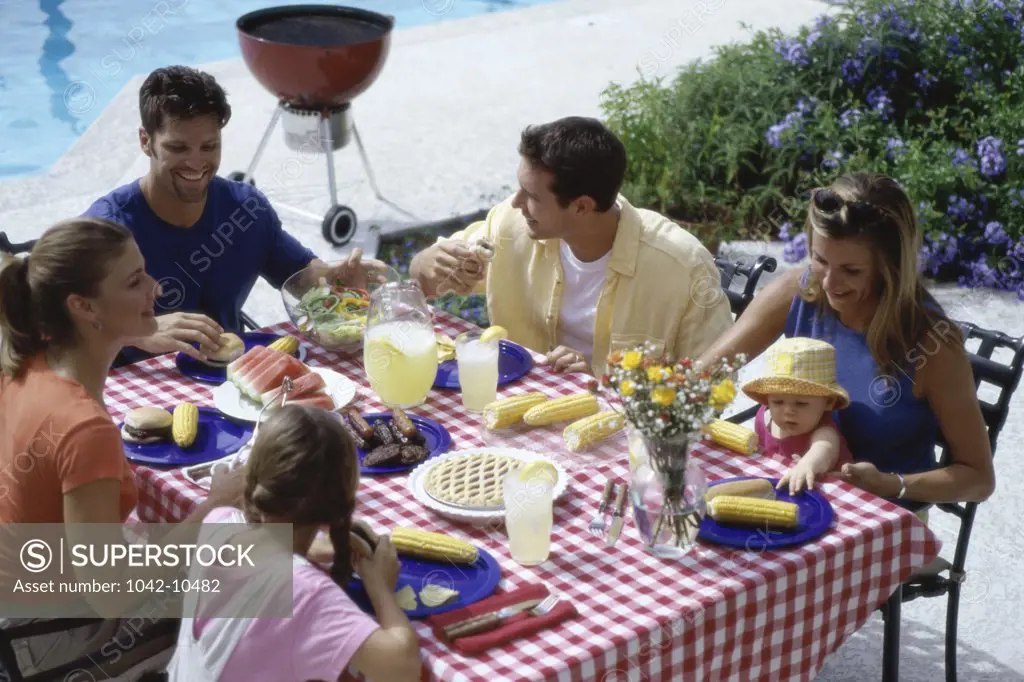 High angle view of a family at a picnic