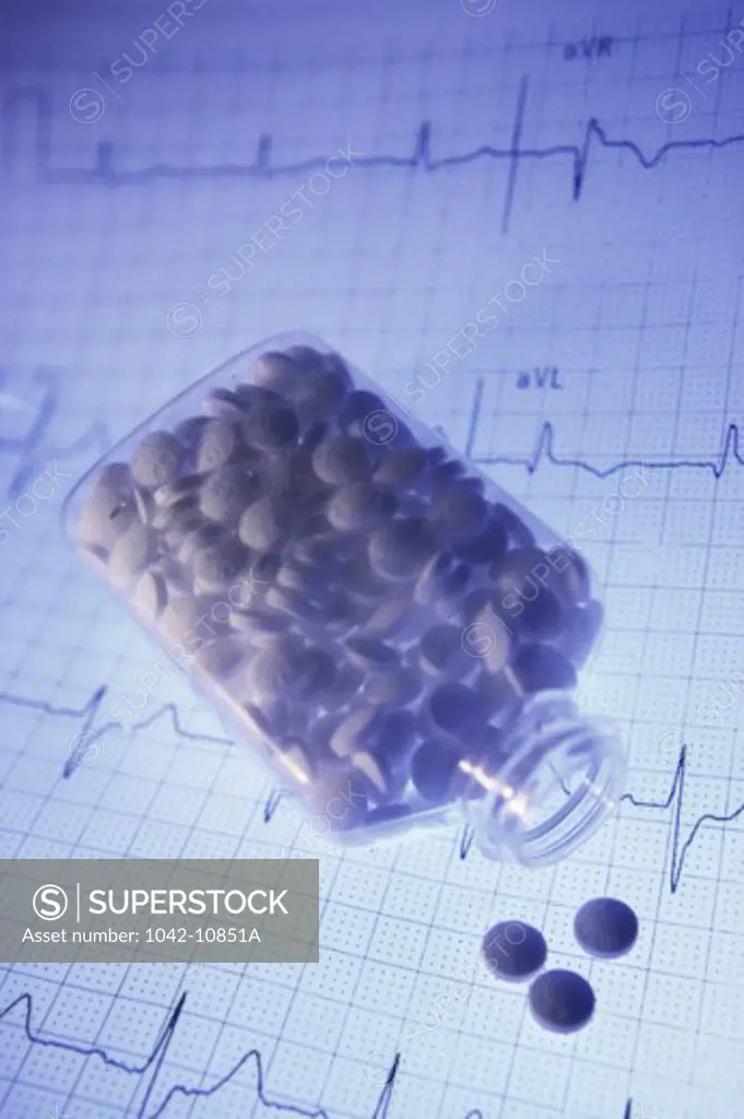 Bottle of pills on an ECG graph