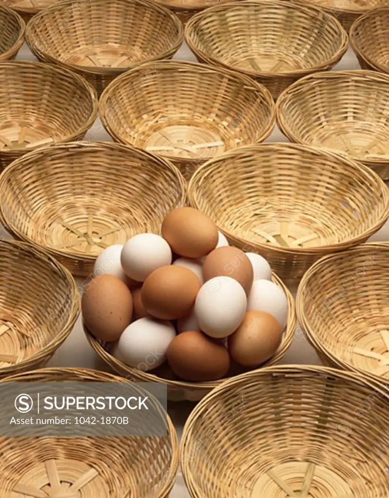 High angle view of eggs in a wicker basket 