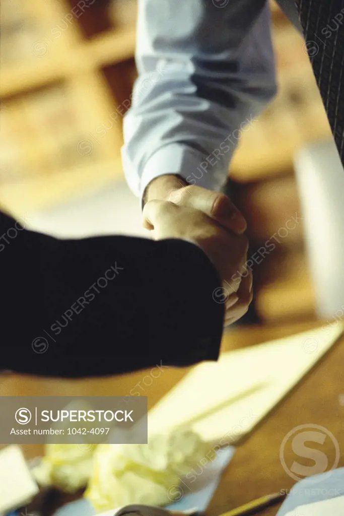 Side profile of two businessmen shaking hands