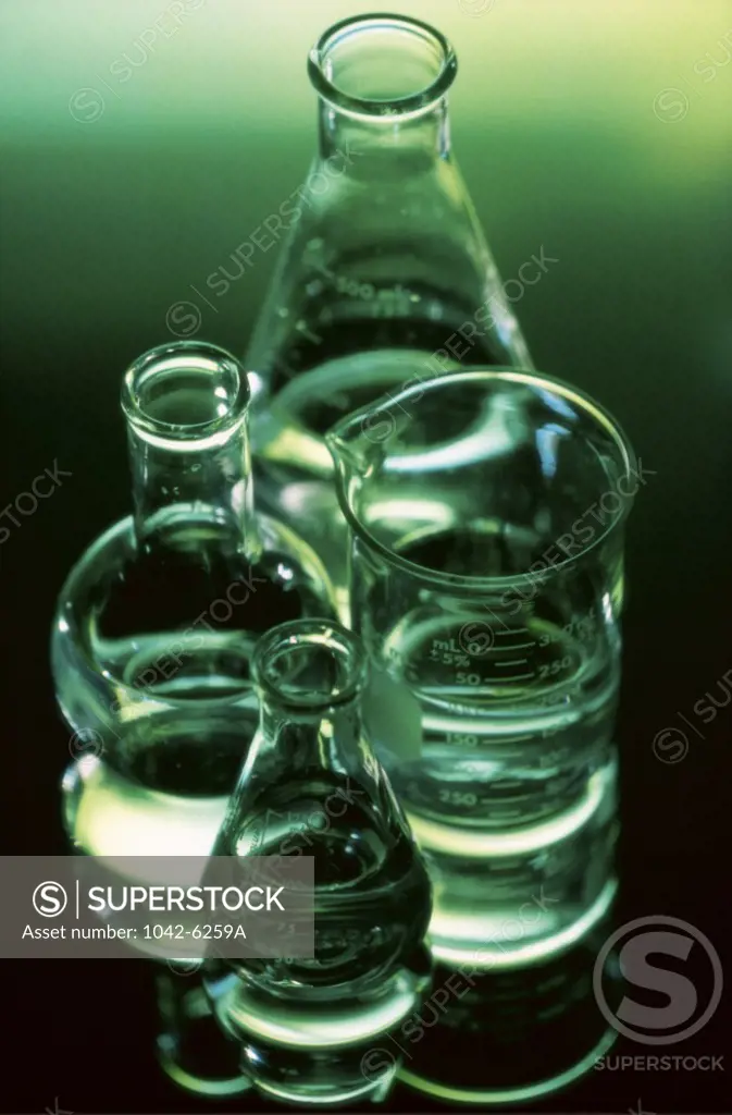 Close-up of chemicals in beakers in a laboratory