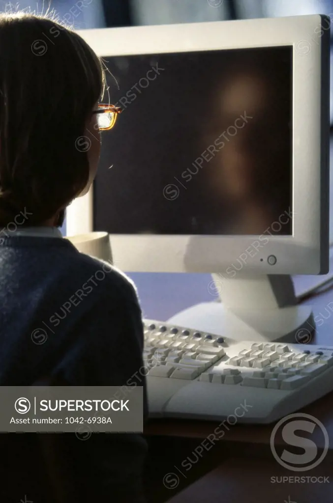 Rear view of a teenage girl in front of a computer monitor