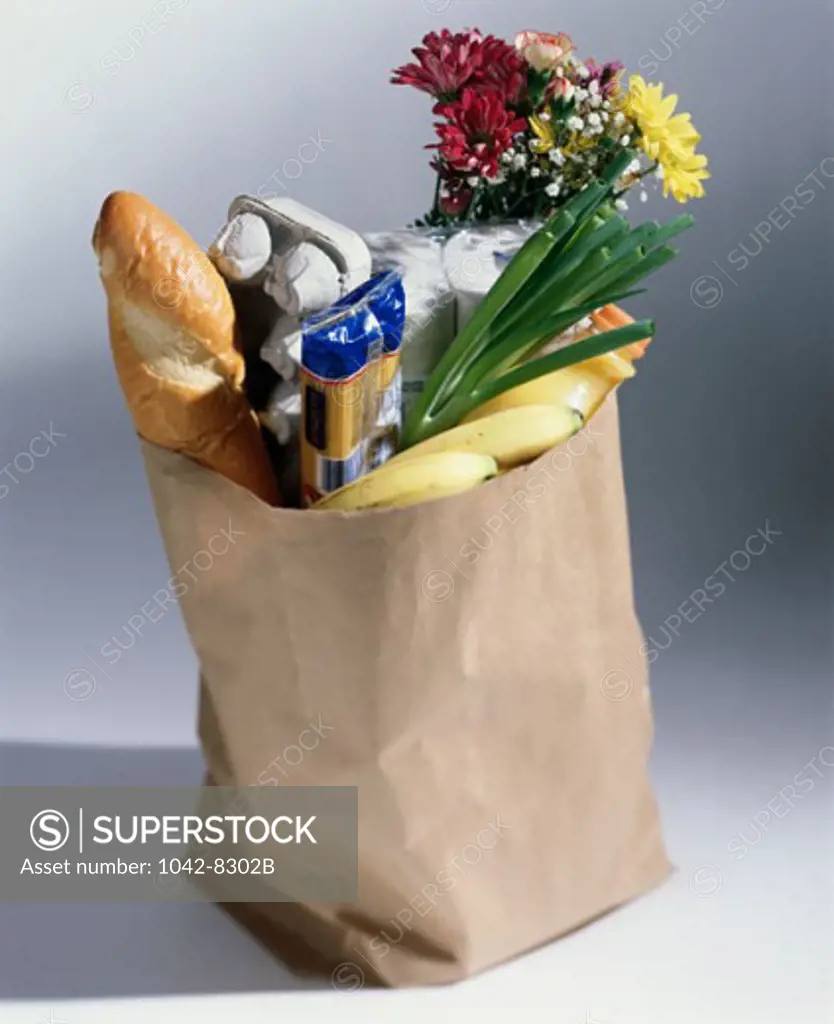 Close-up of a paper bag of groceries