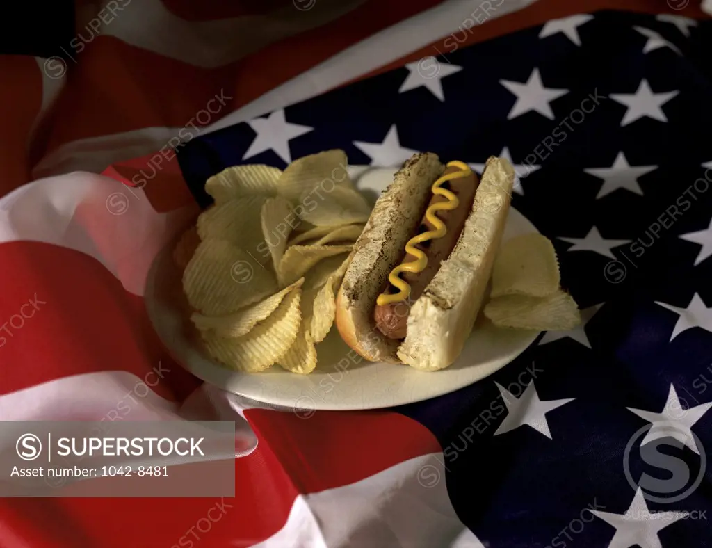 Hot dog with potato chips on an American flag