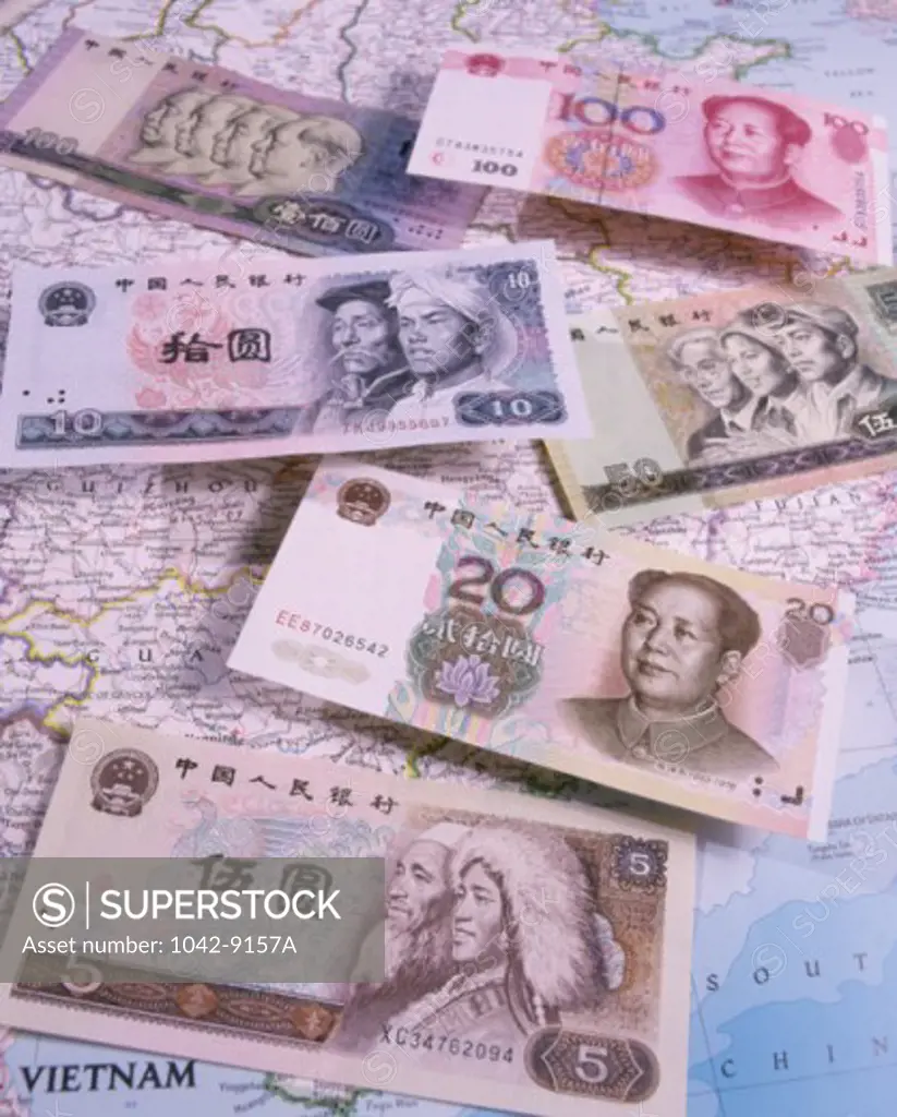 Close-up of yuan notes