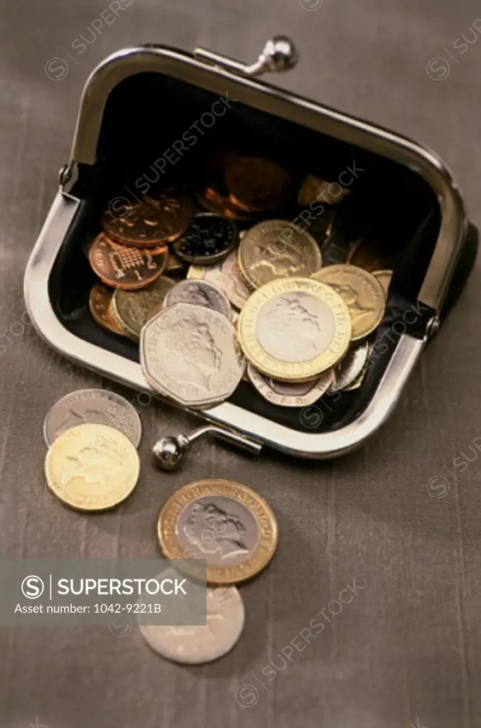 Close-up of British coins in a purse