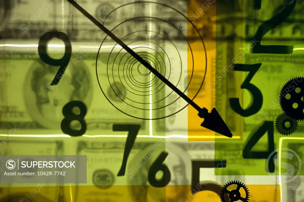 Numbers with an arrow on a coiled spring superimposed over money