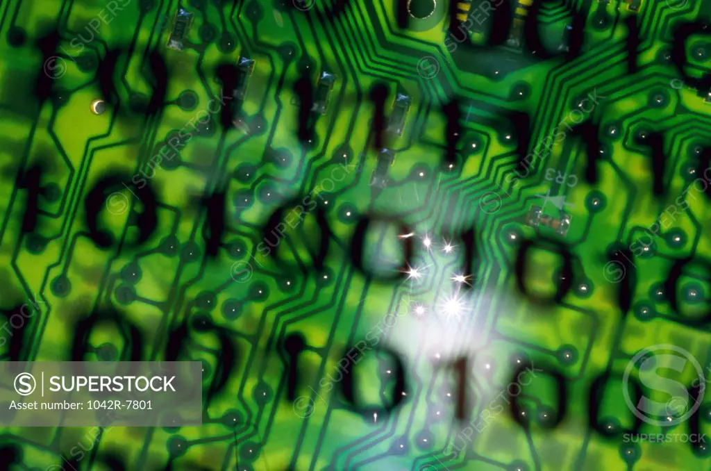 Binary code superimposed on a circuit board