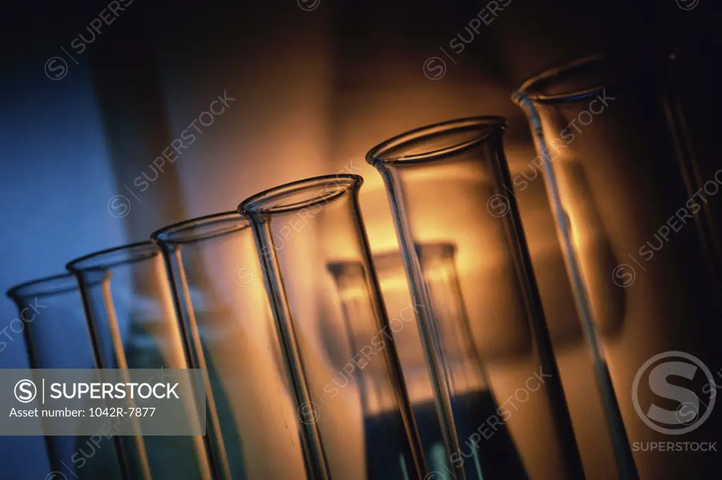 Close-up of an array of test tubes in a laboratory