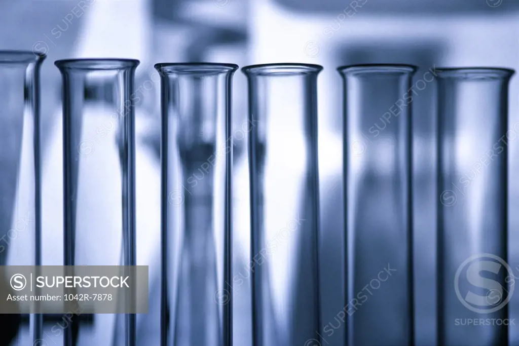 Close-up of an array of test tubes in a laboratory