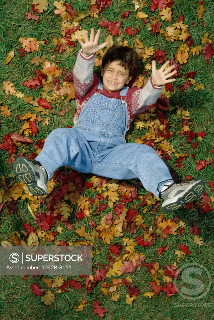 High angle view of a boy lying on a lawn