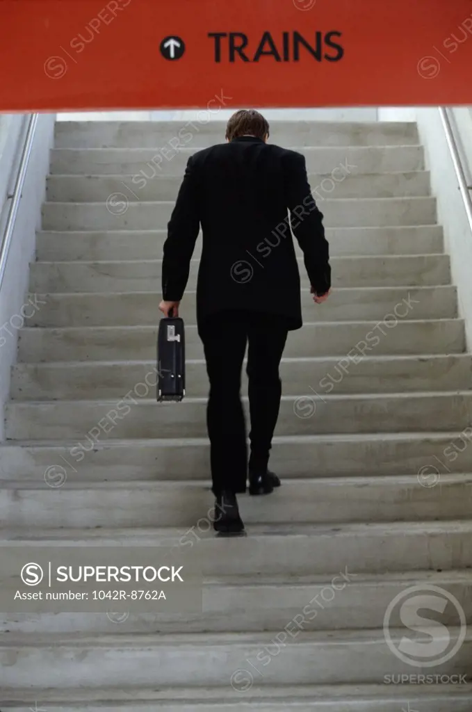 Rear view of a businessman walking up stairs