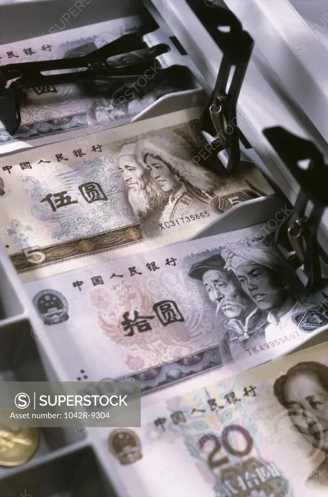 Yuan banknotes in a cash register