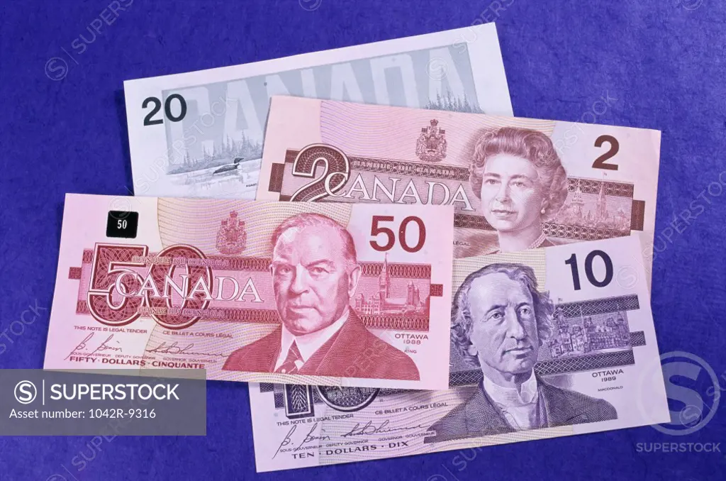 Close-up of Canadian banknotes