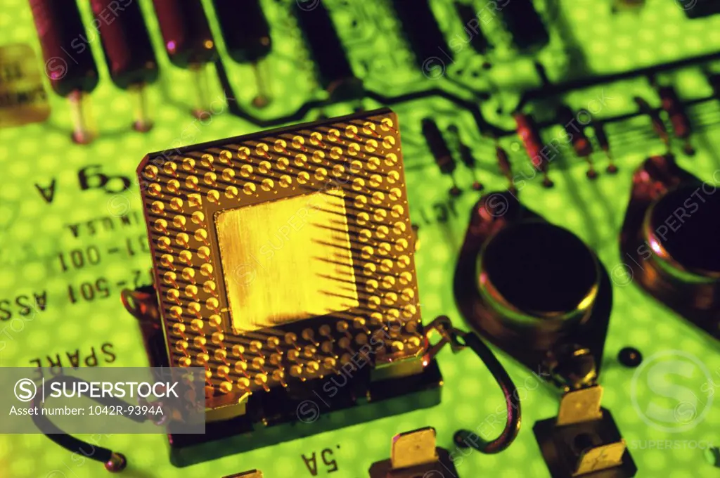 Close-up of a computer chip on a circuit board