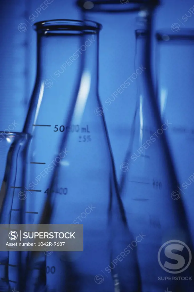 Close-up of flasks in a laboratory