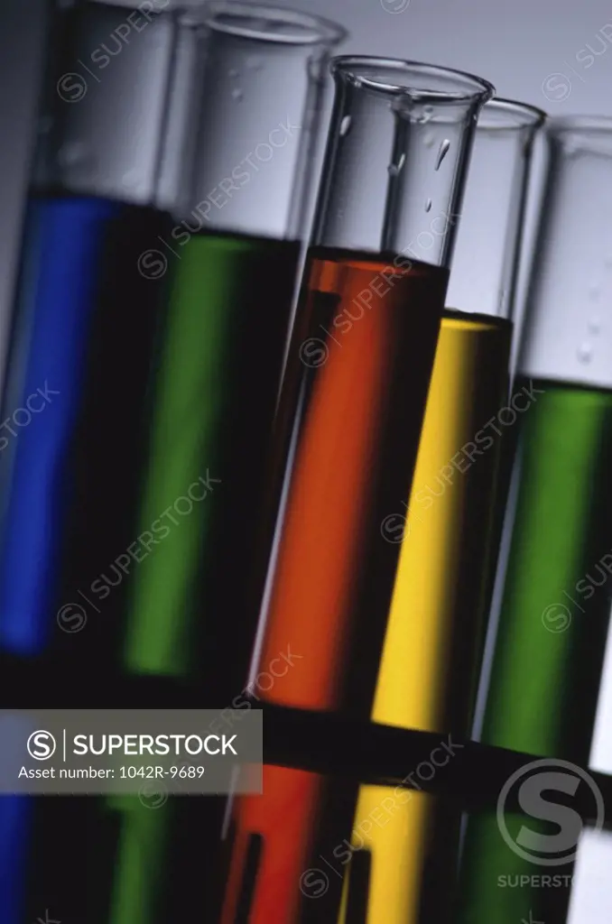 Close-up of an array of test tubes on a rack