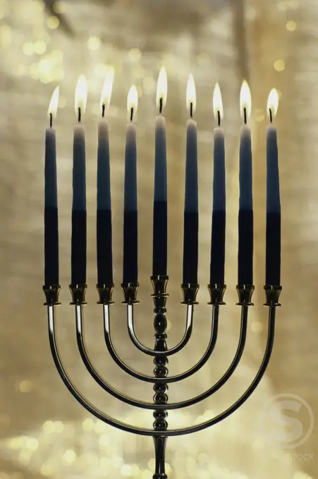 Lit candles on a menorah