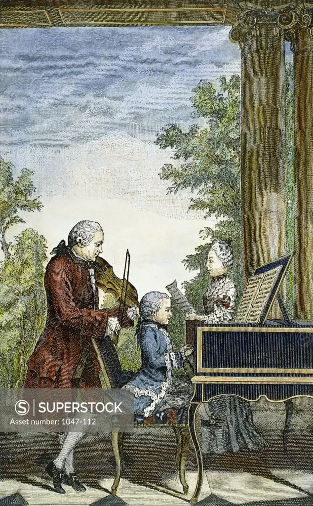 Young Wolfgang Amadeus Mozart with His Sister and Father  Artist Unknown Illustration 