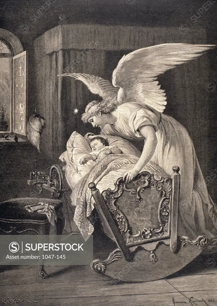 Guardian Angel, the Engraving from a Painting by Hermann Kaulbach  Engraving M. Weber 