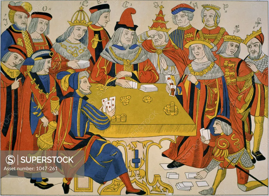European Nobility Playing Cards 15th Century Color Lithograph Illustration