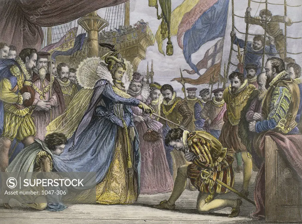 Queen Elizabeth Knighting Sir Francis Drake   April 4, 1581  Stock Montage, Inc. 