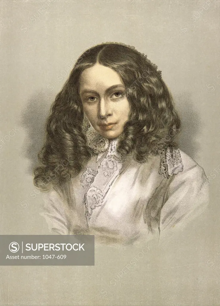 Elizabeth Barrett Browning (1806-1861)  English poet  Lithograph 