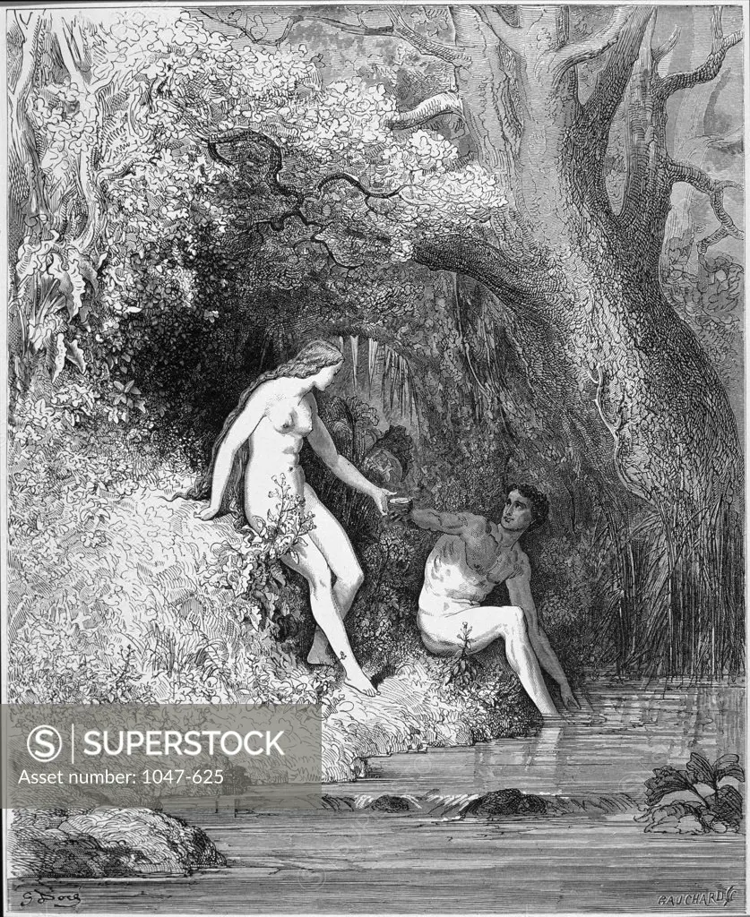 Adam & Eve In Paradise (from Milton''s "Paradise Lost")  Gustave Dore (1832-1883/French) Engraving 