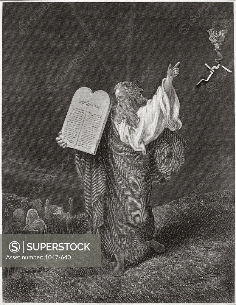 Moses Comes Down From Mt.Sinai Carrying The Ten Commandments From God Engraving 