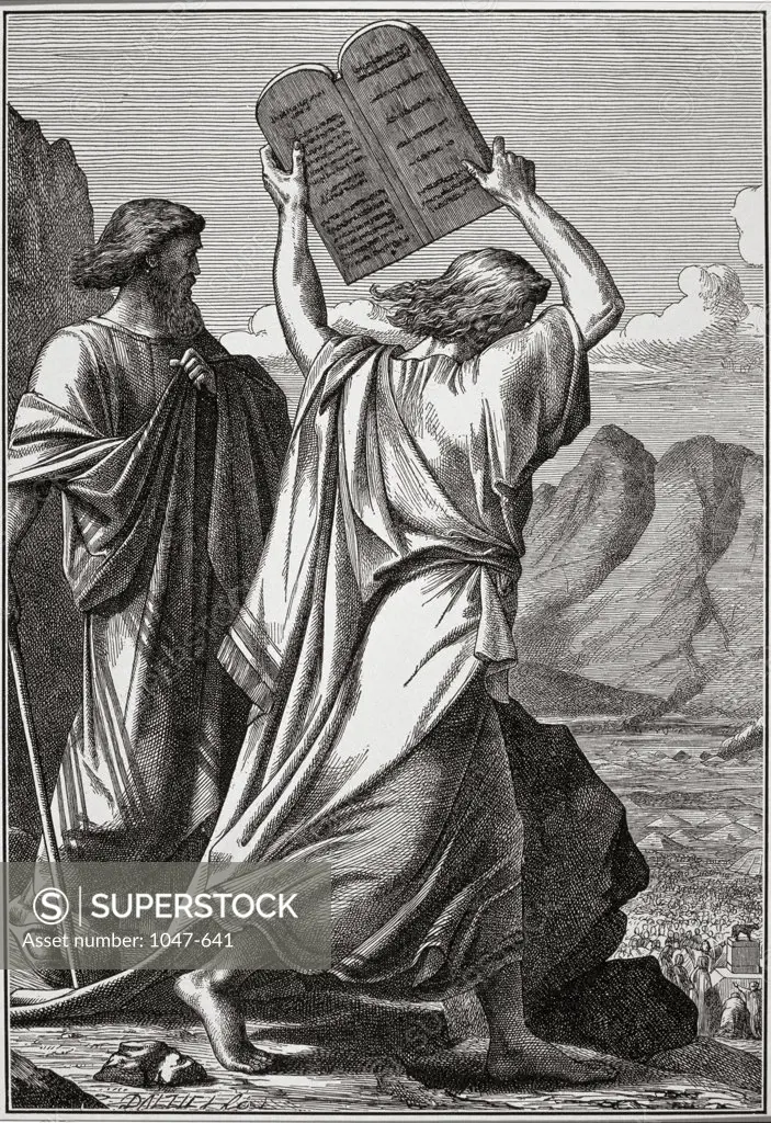 Moses Returning From Mt. Sinai With The Ten Commandments, Only To See The Israelites Worshiping The Golden Calf.  In Anger He Breaks The Tablets.  Engraving 
