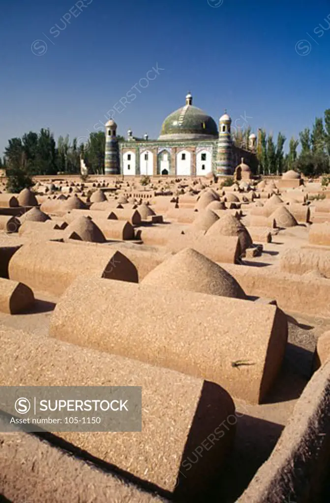 Cemetery with a mausoleum in the background, Abakh Hoja Tomb, Kashgar, Xinjiang Province, China