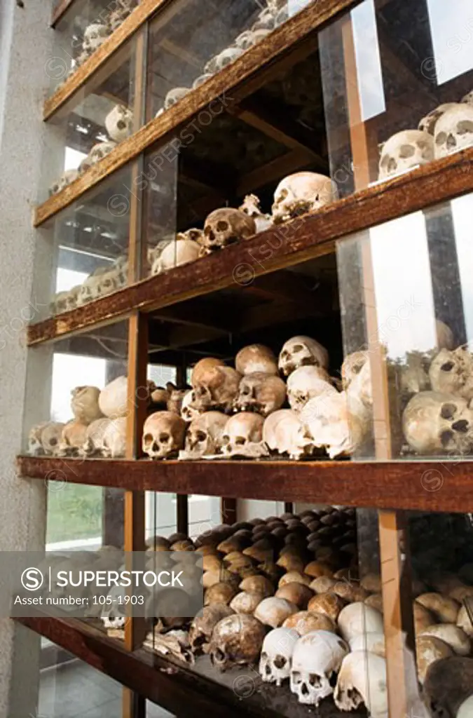 Human skulls on a rack, Choeung Ek, Phnom Penh, Cambodia